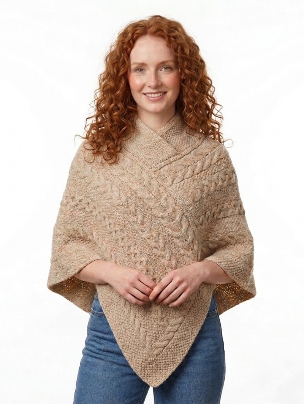 Aran Crafts Beige Multicolor Merino Wool Poncho S/M